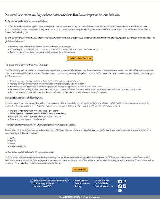 Av-DEC website copy of one of its products
