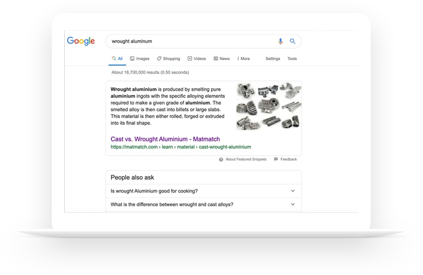 Matmatch's wrought aluminum post as Google's featured snippet