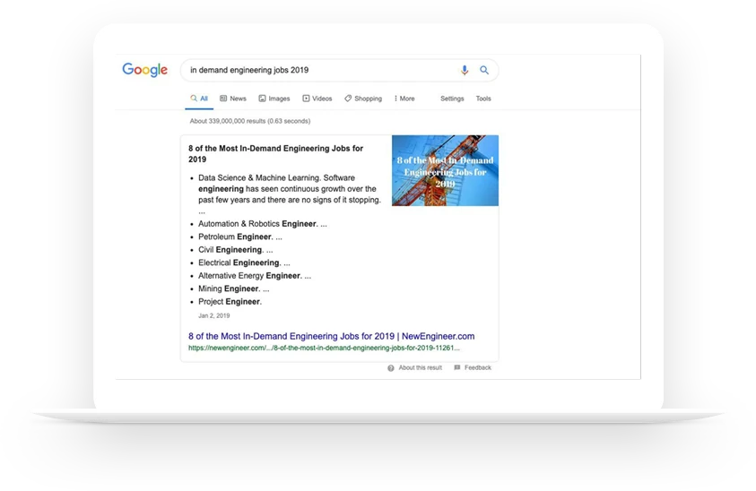 NewEngineer's blog post as a featured snippet on Google