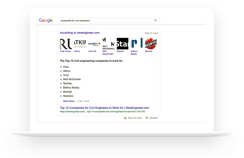 NewEngineer's companies for civil engineers post as featured snippet on Google