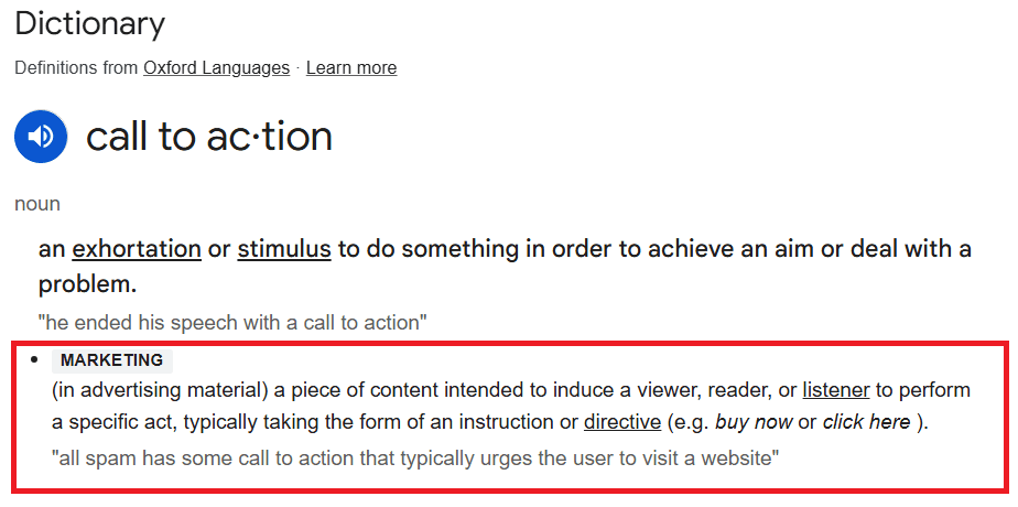 dictionary definition of call-to-action with emphasis in marketing