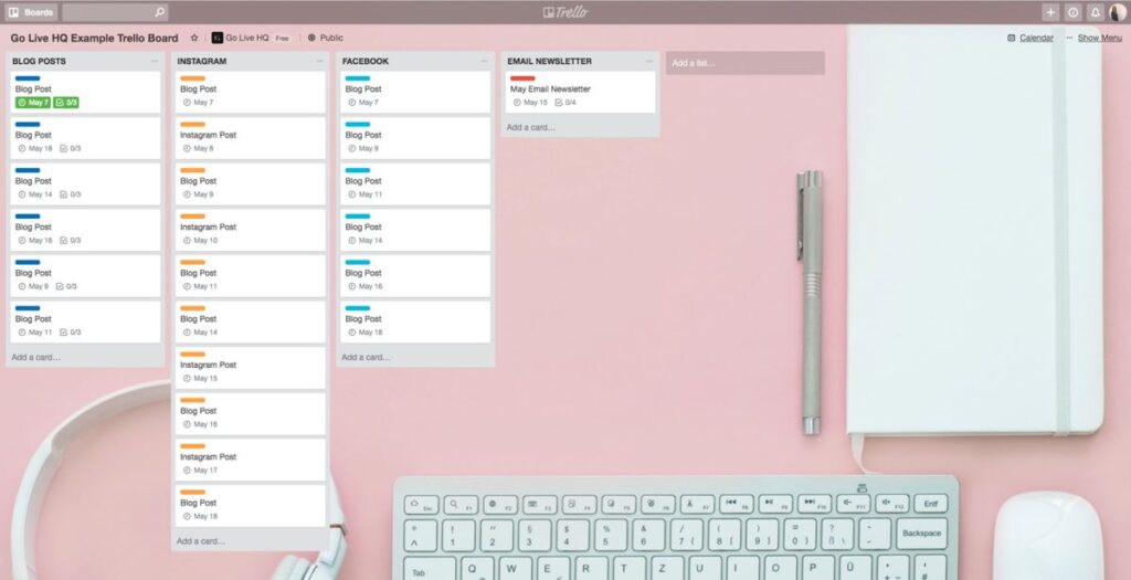 screenshot sample of Trello blog planner for organization